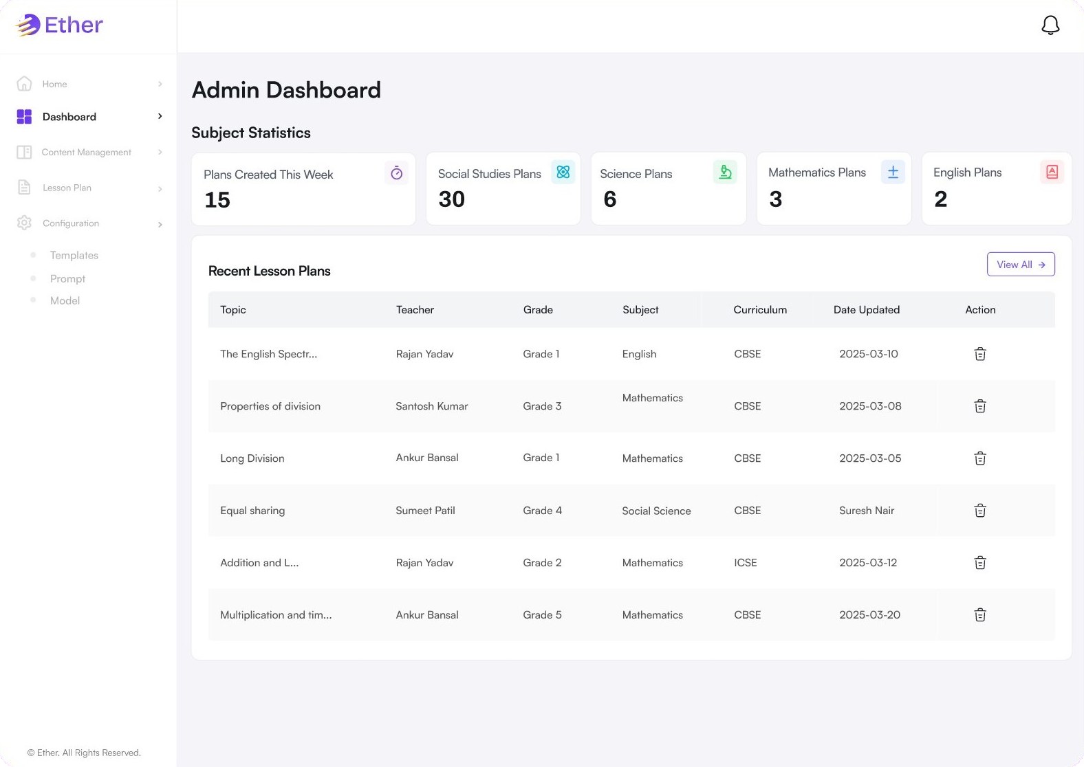 EasyPlan admin dashboard with subject statistics and recent lesson plans