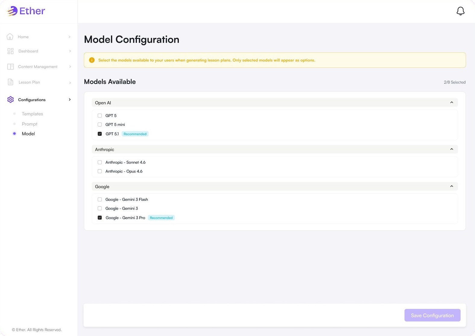 Model configuration grouped by provider