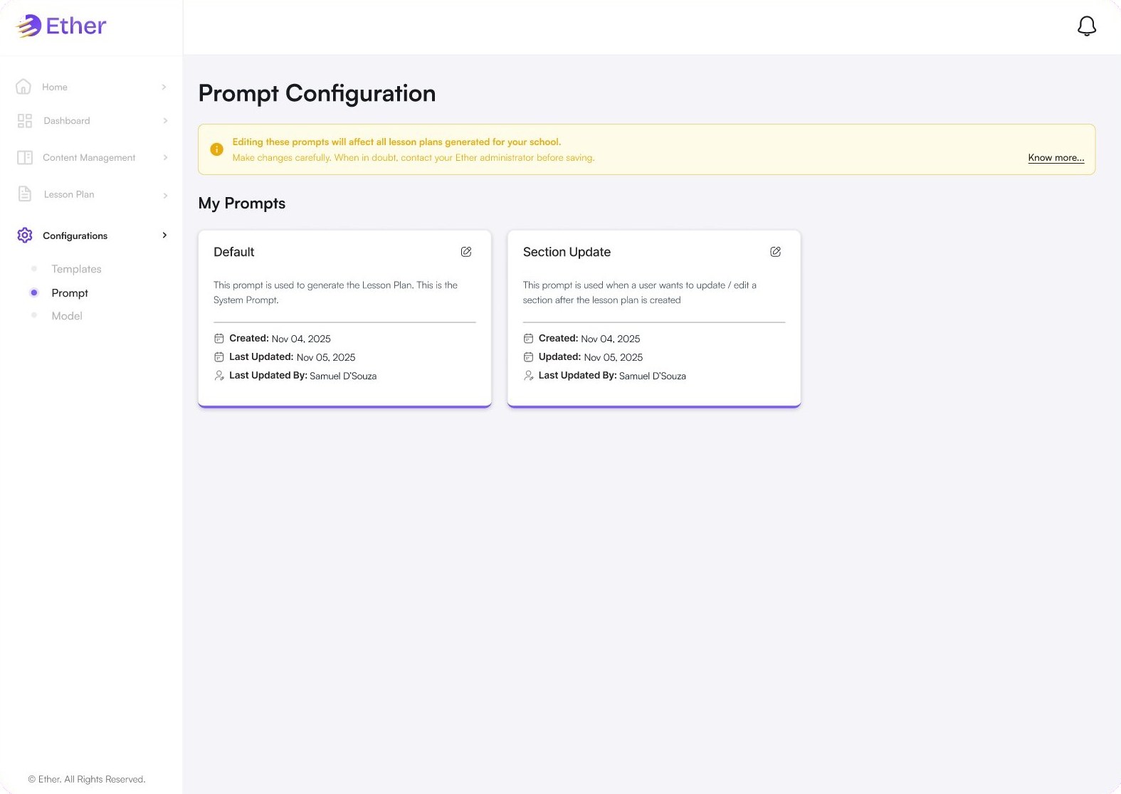 Prompt configuration with default and section update prompts