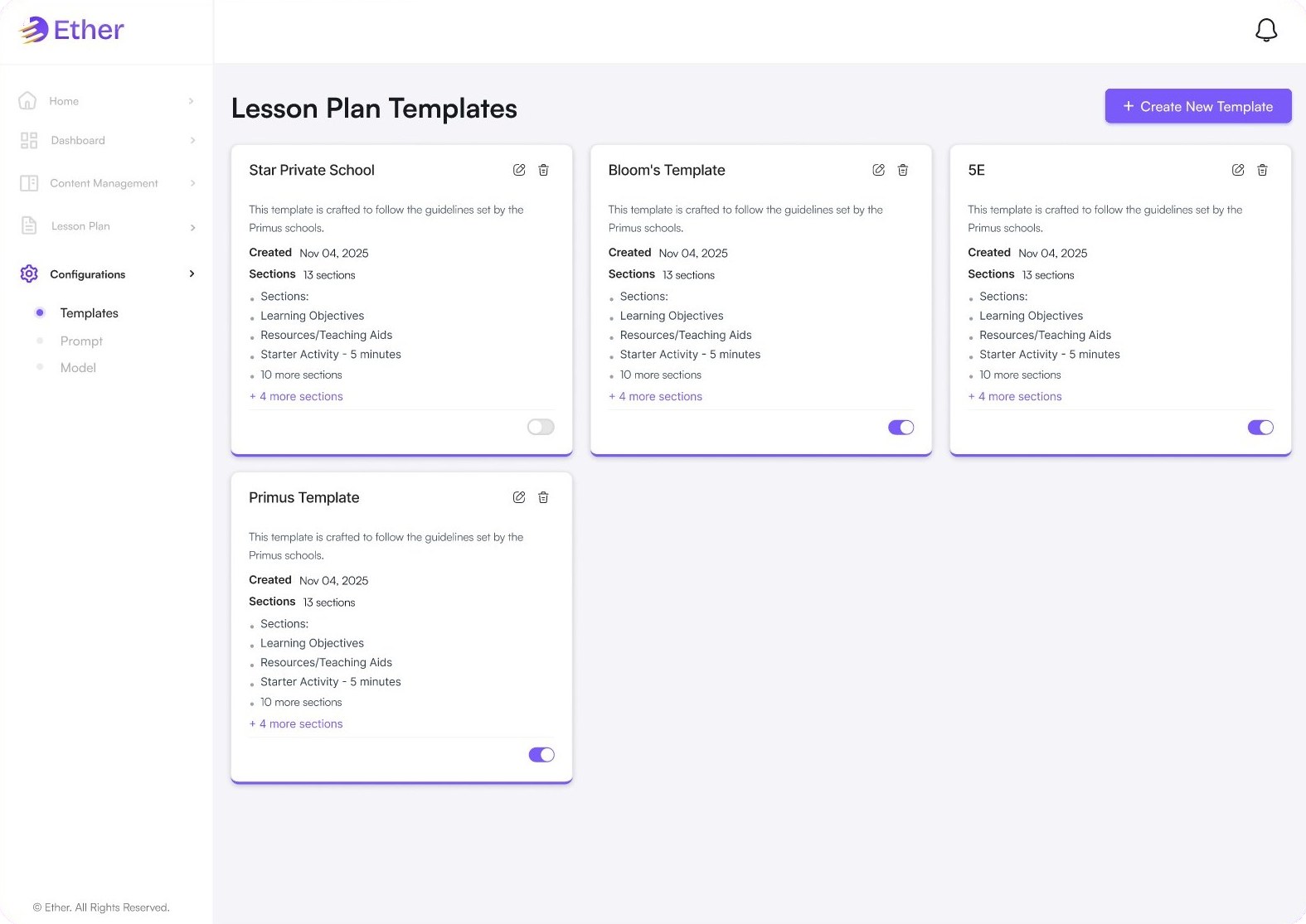 Lesson plan templates with sections and toggles