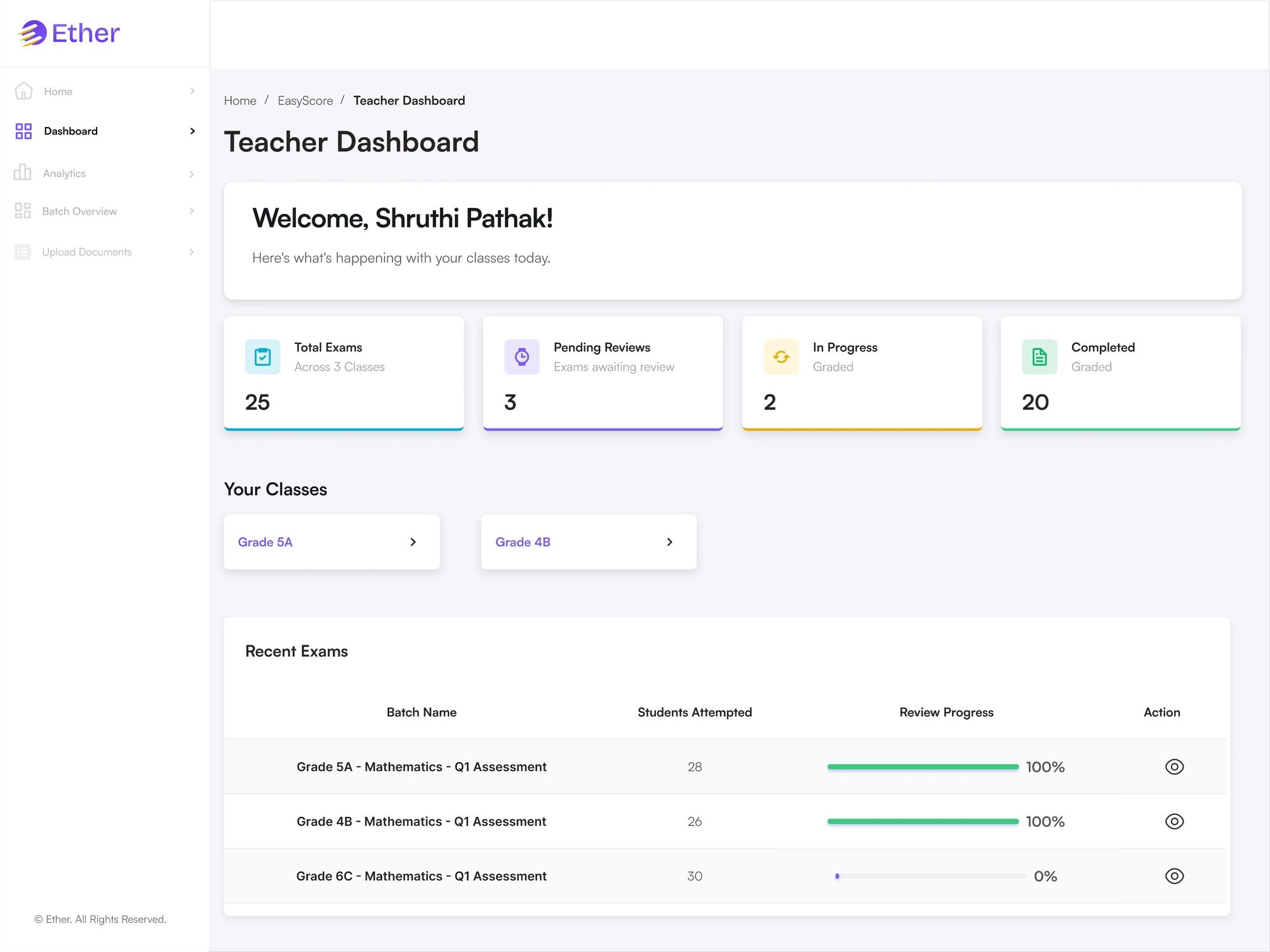 EasyScore teacher dashboard with pending reviews
