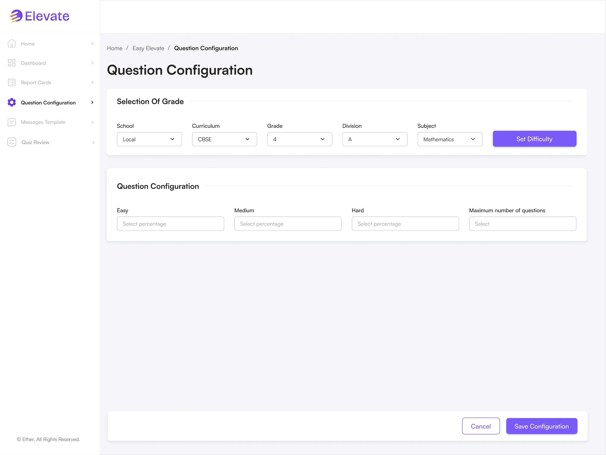 Question configuration with difficulty mix